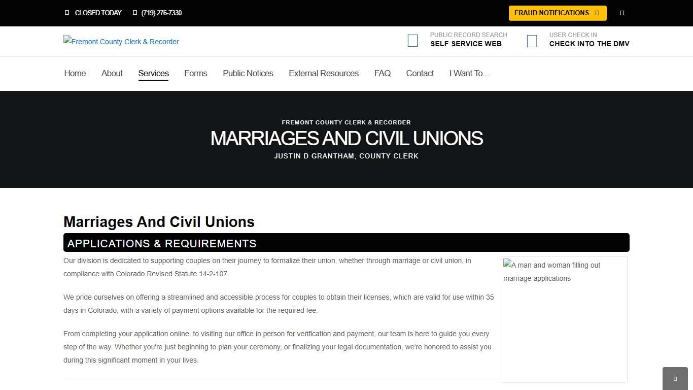 Marriages and Civil Unions Fremont County Clerk & Recorder Cañon City, CO