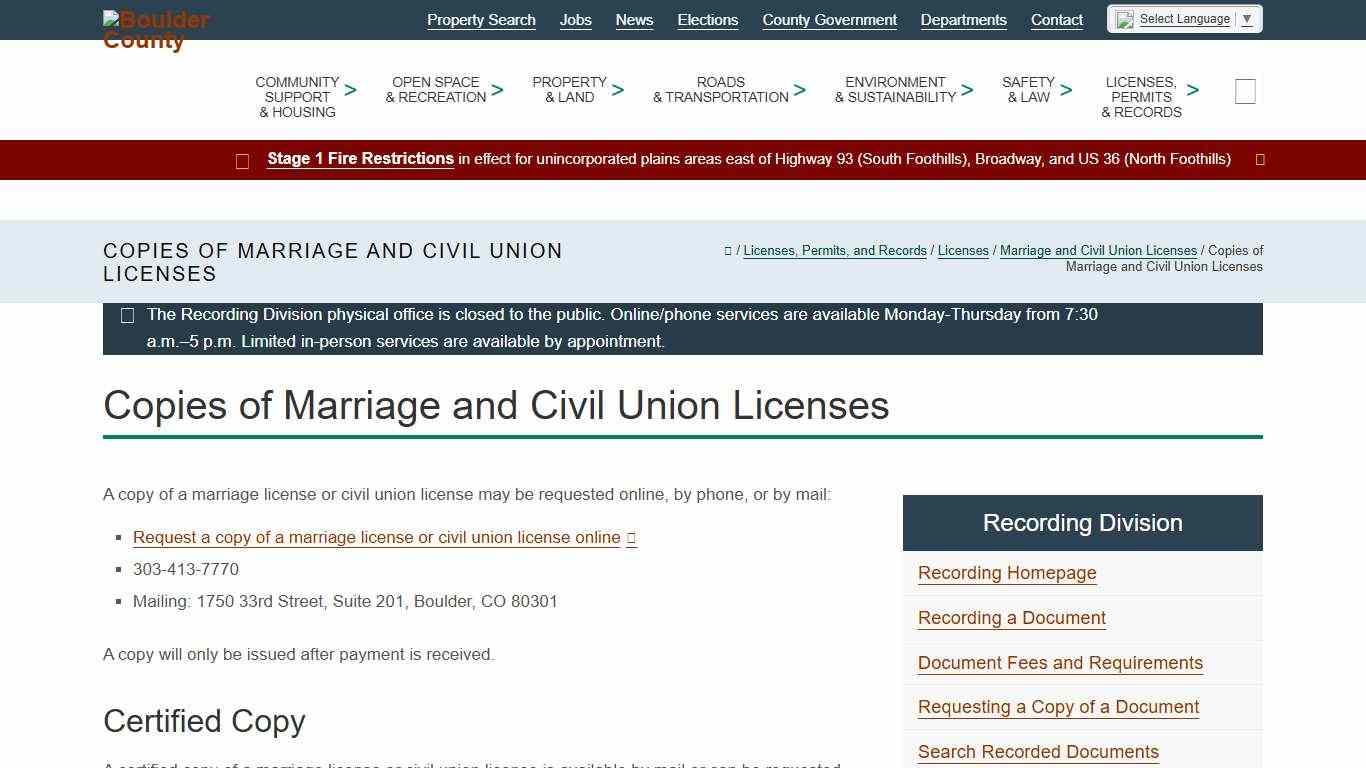 Copies of Marriage and Civil Union Licenses - Boulder County